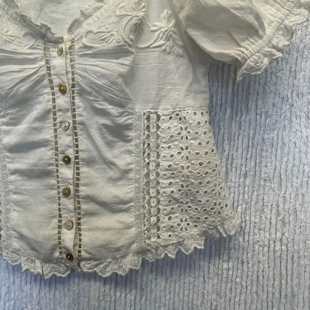 LoveShackFancy White Embroidered Floral Tellaro Victorian Bryant Top Size 6